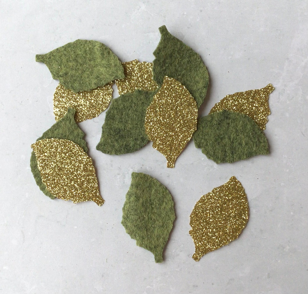 Gold & Green Felt Rose Leaves, Die Cut Felt Leaves