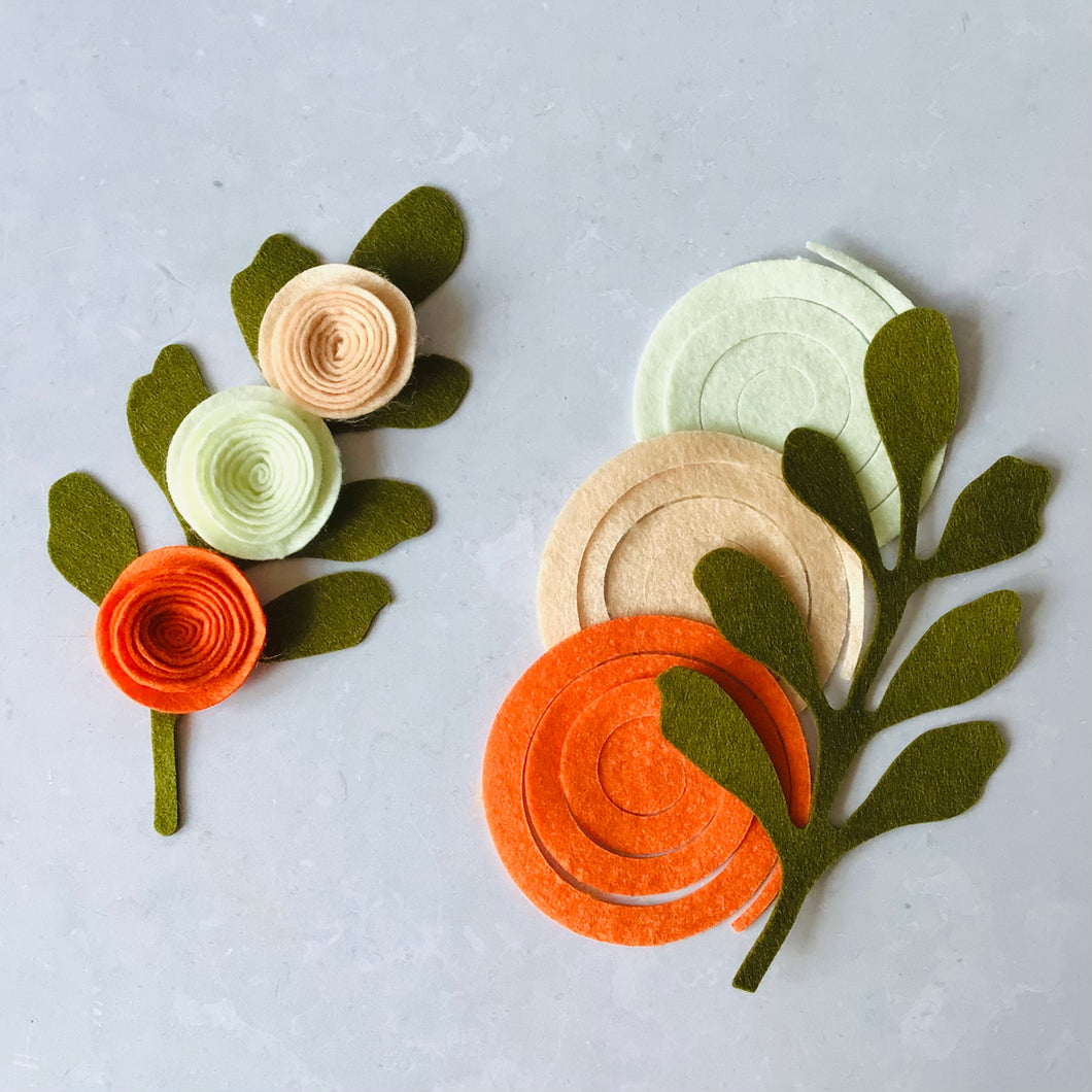 Orange Felt Ranunculus Flowers, Felt Die Cut Flowers